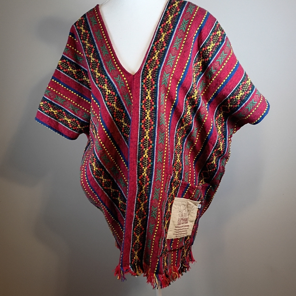 Elephant Jungle Sanctuary Thailand Multicolored Cotton Poncho in Red Multicolor